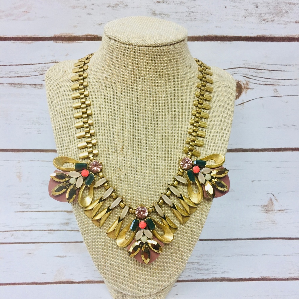 Gold Statement Bib Necklace with Pink and Green Accents